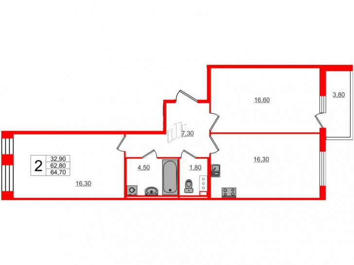 Двухкомнатная квартира 63.1 м²