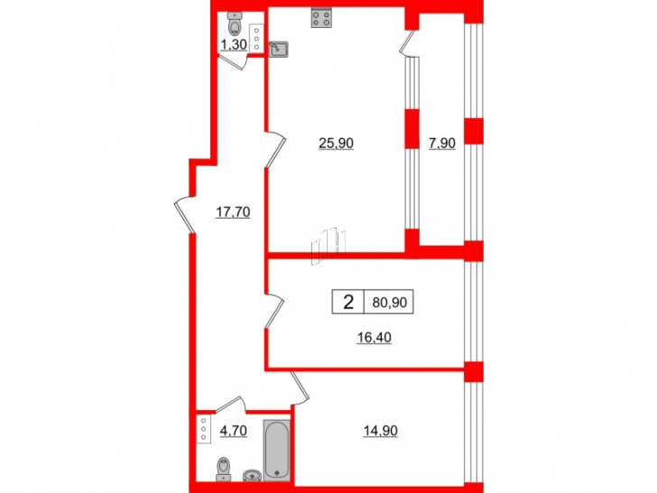 Двухкомнатная квартира 80.9 м²
