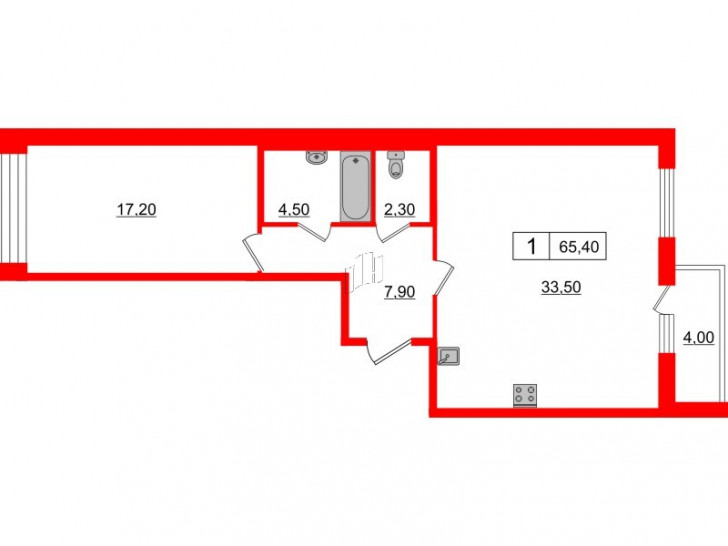 Однокомнатная квартира 65.4 м²