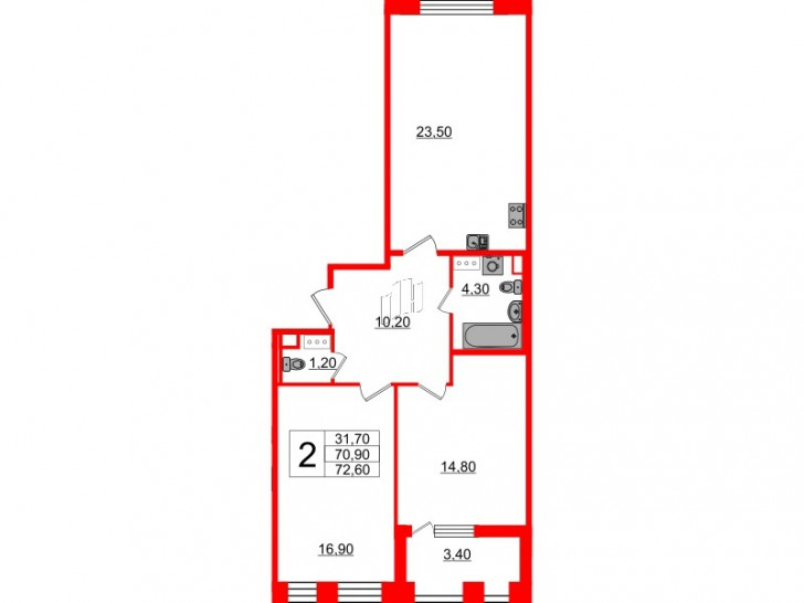 Двухкомнатная квартира 70.7 м²