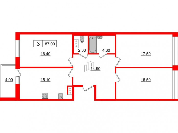 Трёхкомнатная квартира 87 м²