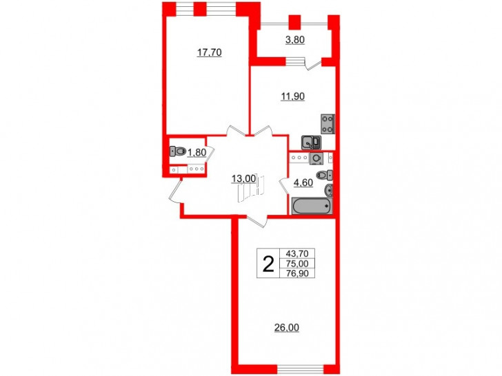 Двухкомнатная квартира 73.7 м²