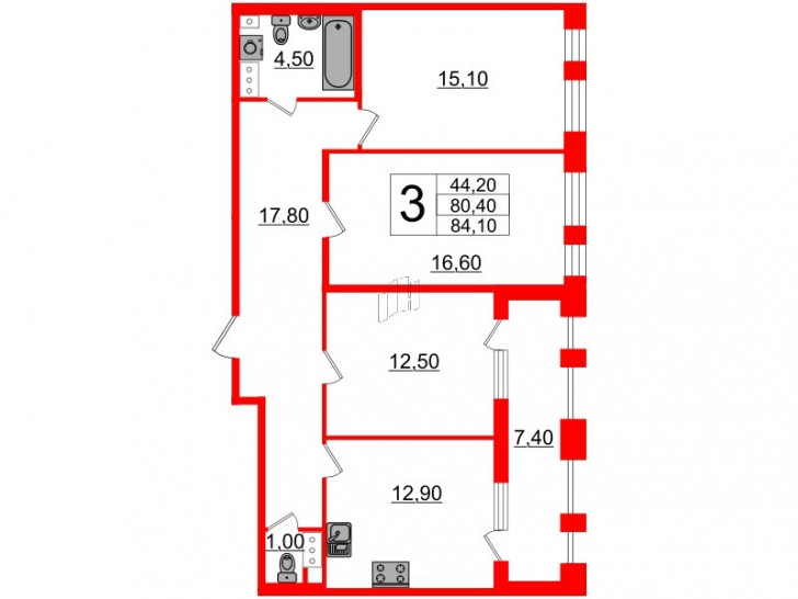 Трёхкомнатная квартира 80.5 м²