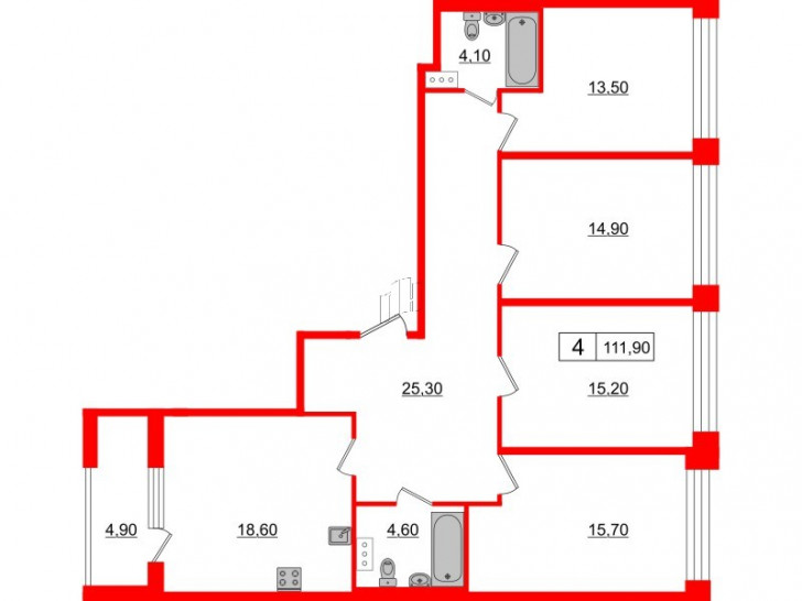 Четырёхкомнатная квартира 111.9 м²
