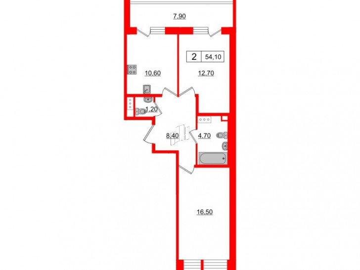 Двухкомнатная квартира 54.1 м²