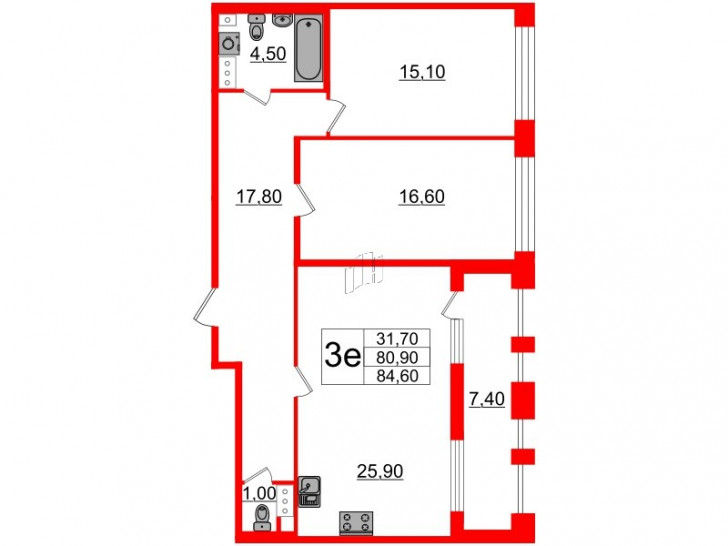Двухкомнатная квартира 80.9 м²