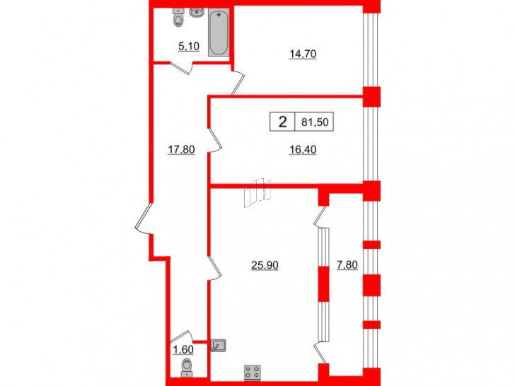 Двухкомнатная квартира 81.5 м²