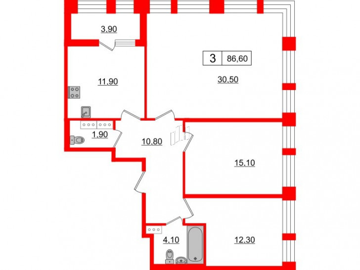 Трёхкомнатная квартира 86.6 м²
