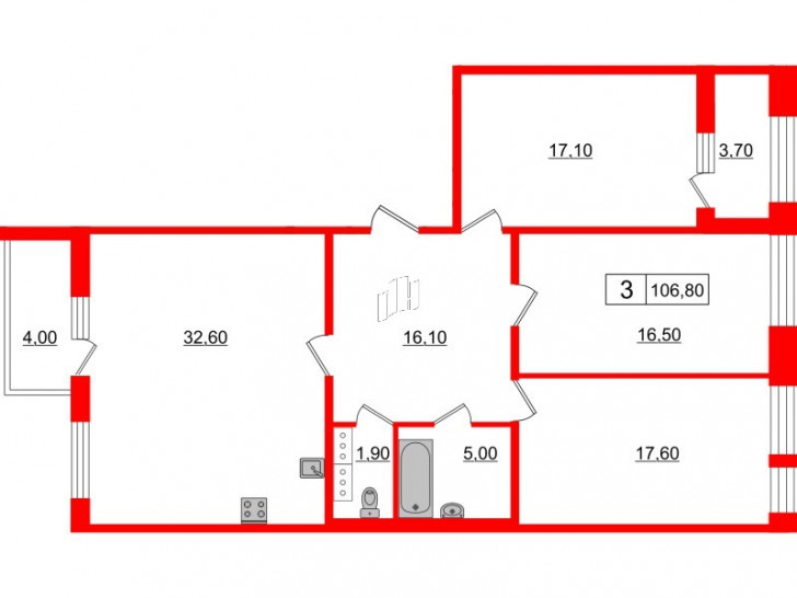 Трёхкомнатная квартира 106.8 м²