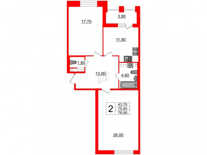 Двухкомнатная квартира 73.6 м²