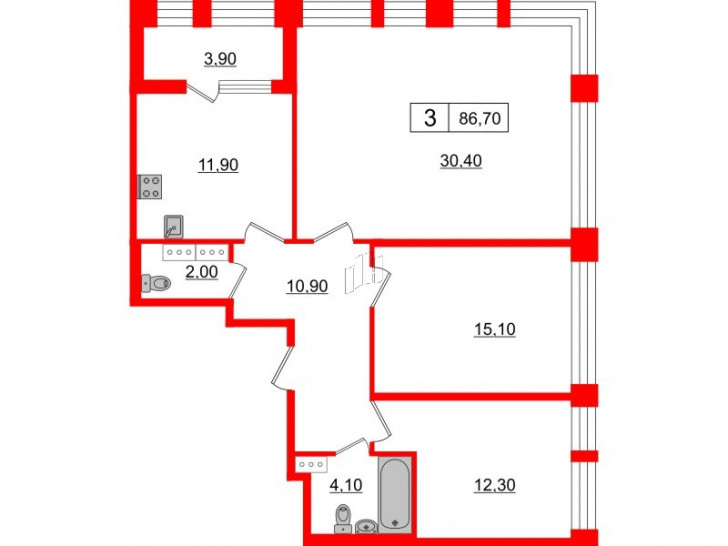 Трёхкомнатная квартира 86.7 м²