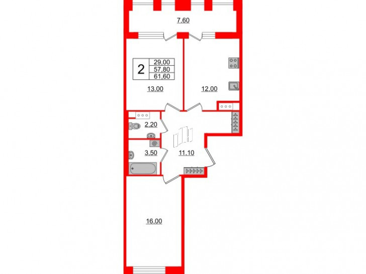 Двухкомнатная квартира 57.8 м²