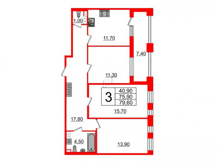 Трёхкомнатная квартира 77.9 м²
