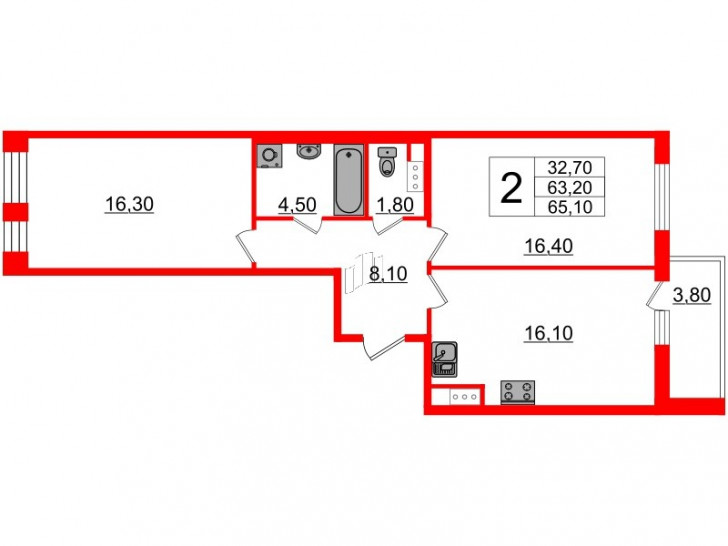 Двухкомнатная квартира 63.6 м²