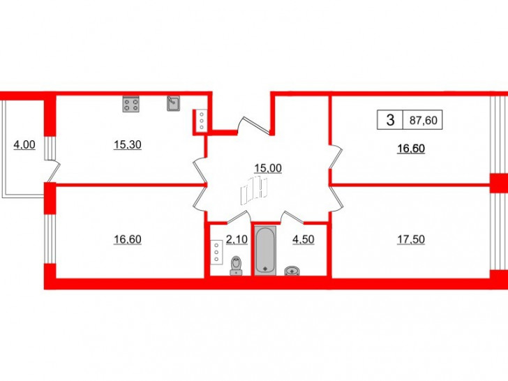 Трёхкомнатная квартира 87.6 м²