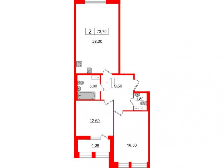 Двухкомнатная квартира 73.7 м²