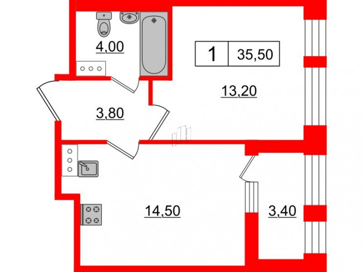 Однокомнатная квартира 35.5 м²