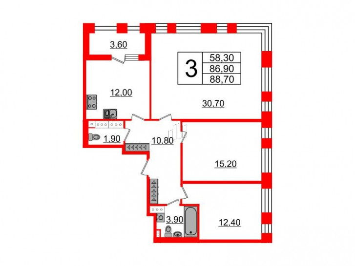 Трёхкомнатная квартира 86.9 м²