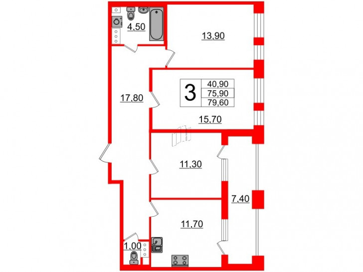 Трёхкомнатная квартира 78 м²