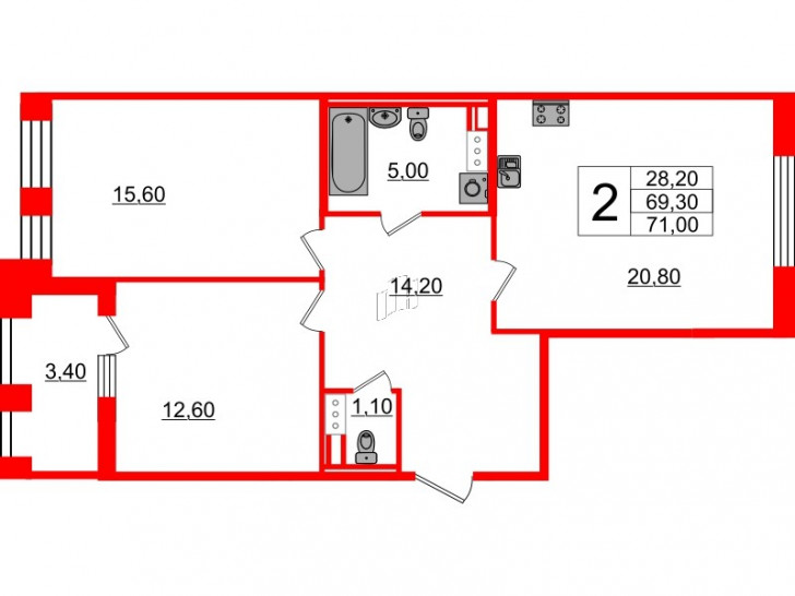 Двухкомнатная квартира 69 м²