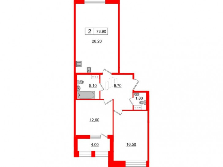 Двухкомнатная квартира 73.9 м²