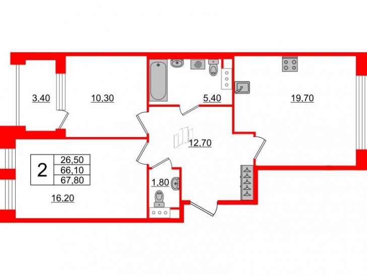 Двухкомнатная квартира 66.1 м²
