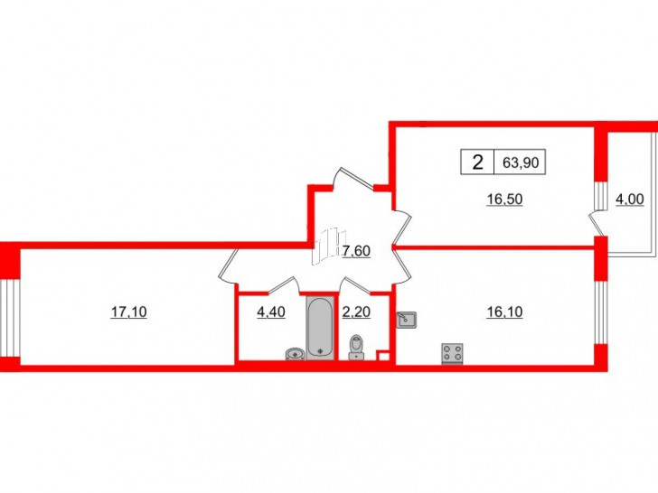 Двухкомнатная квартира 63.9 м²
