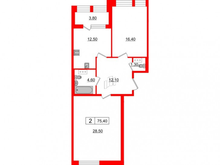 Двухкомнатная квартира 75.4 м²