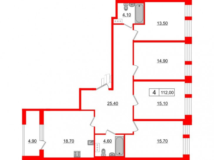 Четырёхкомнатная квартира 112 м²