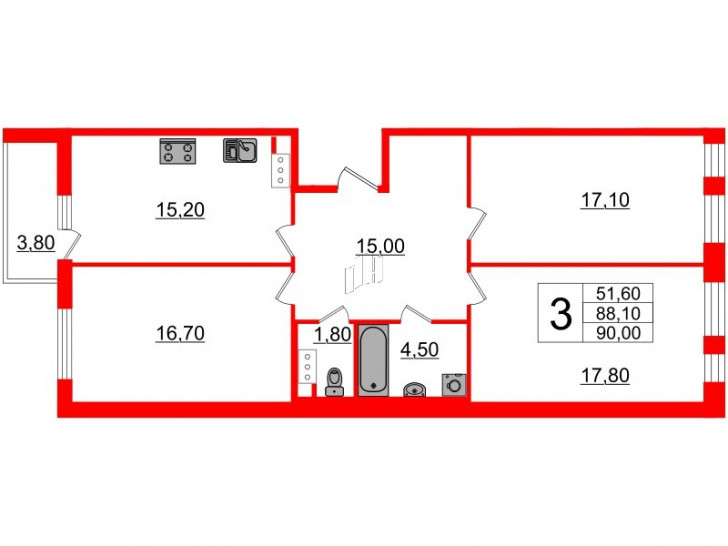 Трёхкомнатная квартира 87.5 м²