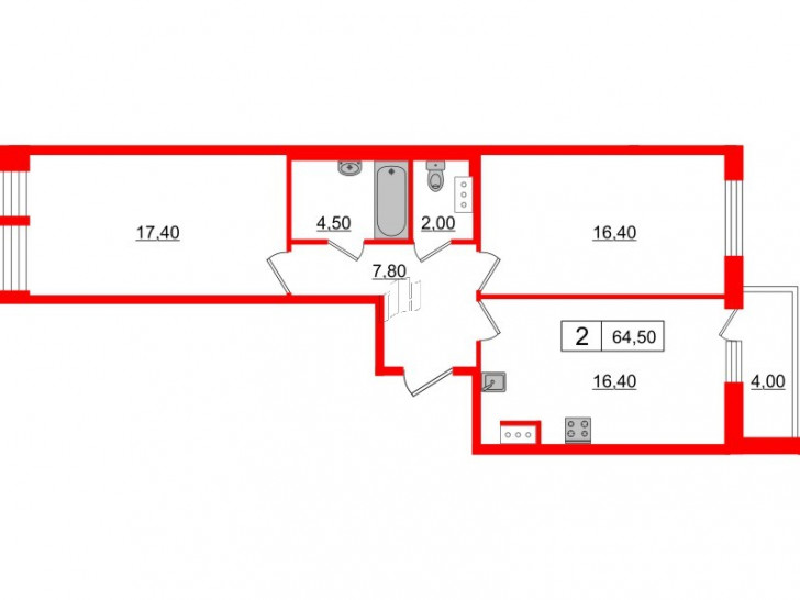 Двухкомнатная квартира 64.5 м²