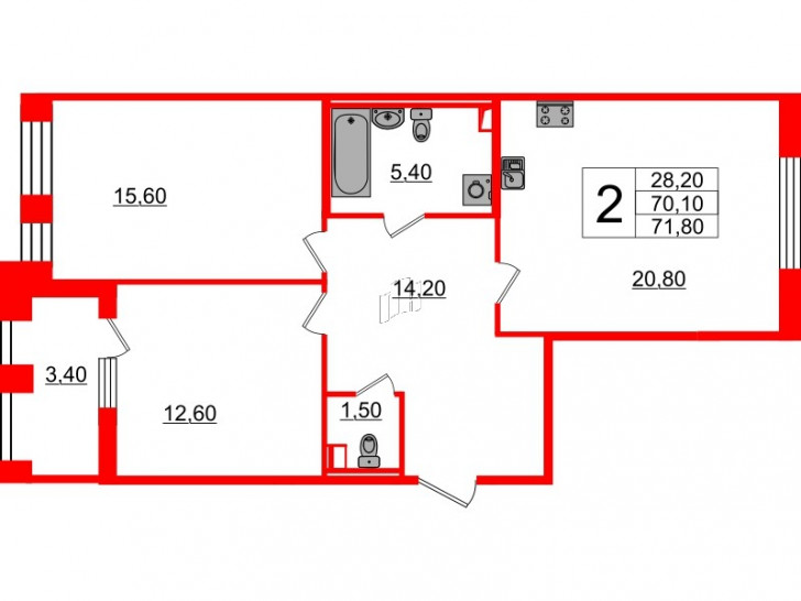 Двухкомнатная квартира 69.9 м²