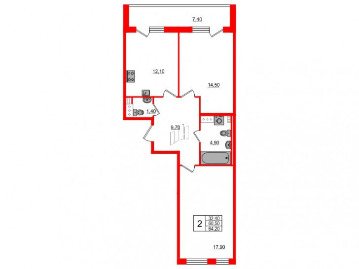 Двухкомнатная квартира 59.6 м²