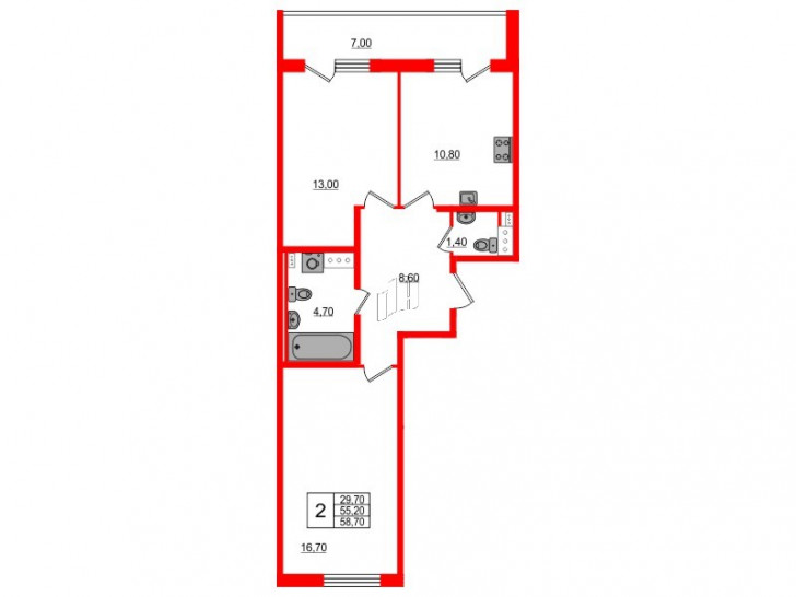 Двухкомнатная квартира 55.9 м²