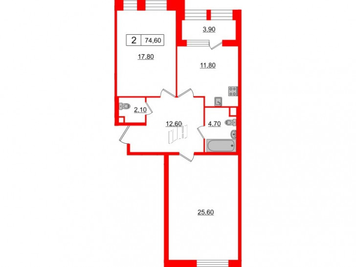 Двухкомнатная квартира 74.6 м²