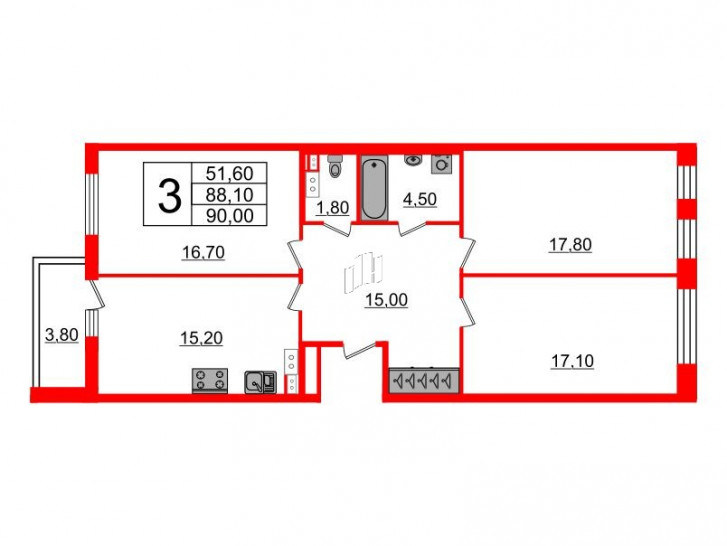 Трёхкомнатная квартира 87.1 м²