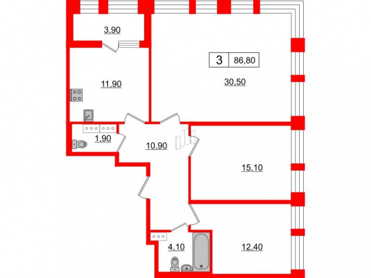 Трёхкомнатная квартира 86.8 м²