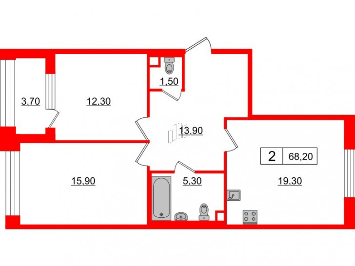 Двухкомнатная квартира 68.2 м²