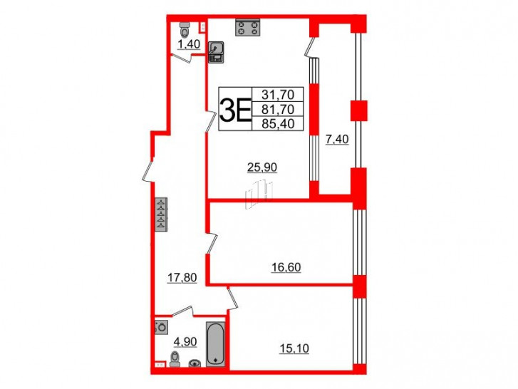 Двухкомнатная квартира 81.7 м²