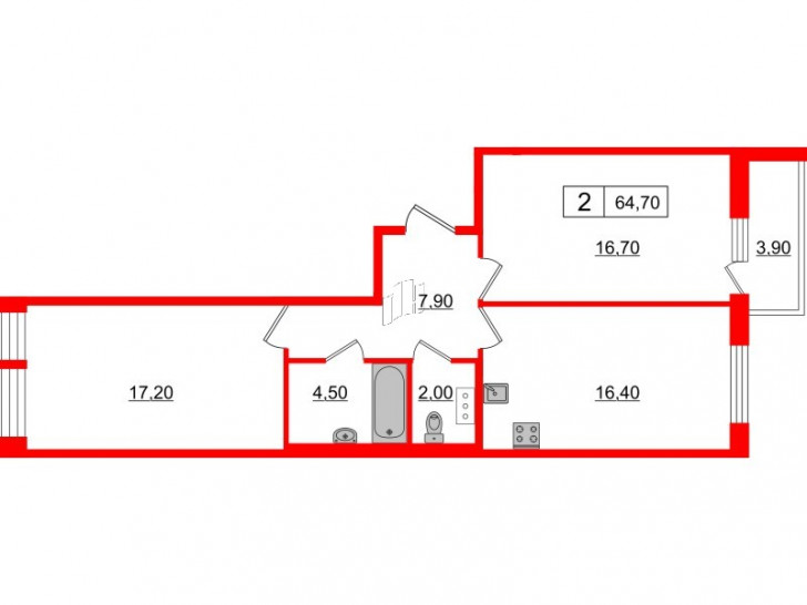 Двухкомнатная квартира 64.7 м²