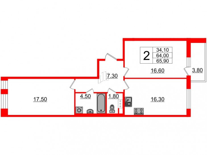 Двухкомнатная квартира 64.9 м²