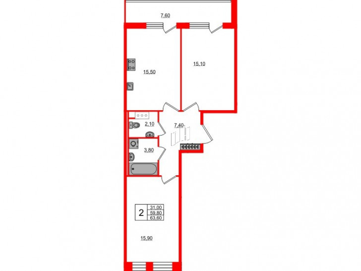 Двухкомнатная квартира 59.8 м²