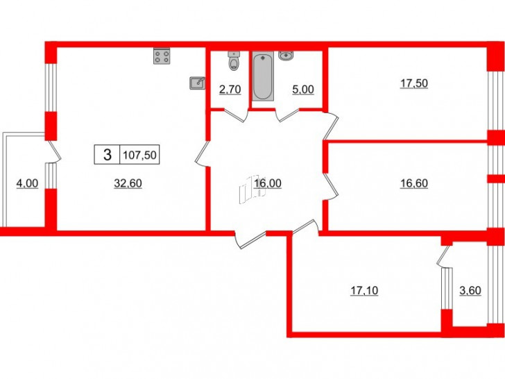 Трёхкомнатная квартира 107.5 м²