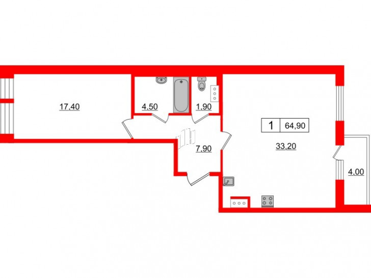 Однокомнатная квартира 64.9 м²