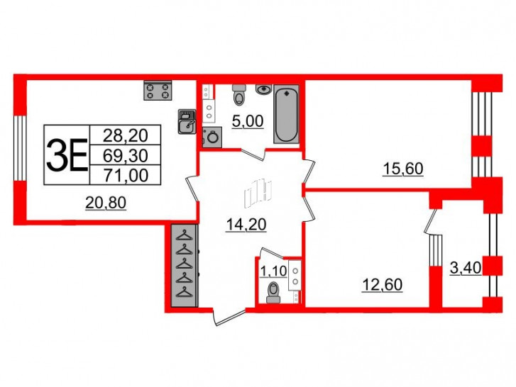 Двухкомнатная квартира 68.4 м²