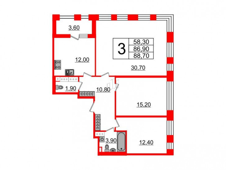 Трёхкомнатная квартира 86.5 м²