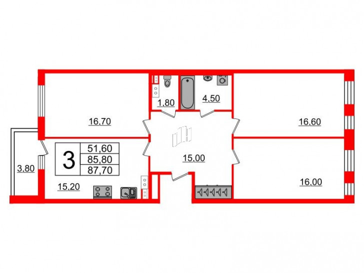 Трёхкомнатная квартира 85.8 м²