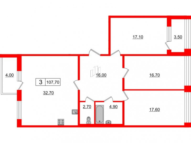 Трёхкомнатная квартира 107.7 м²