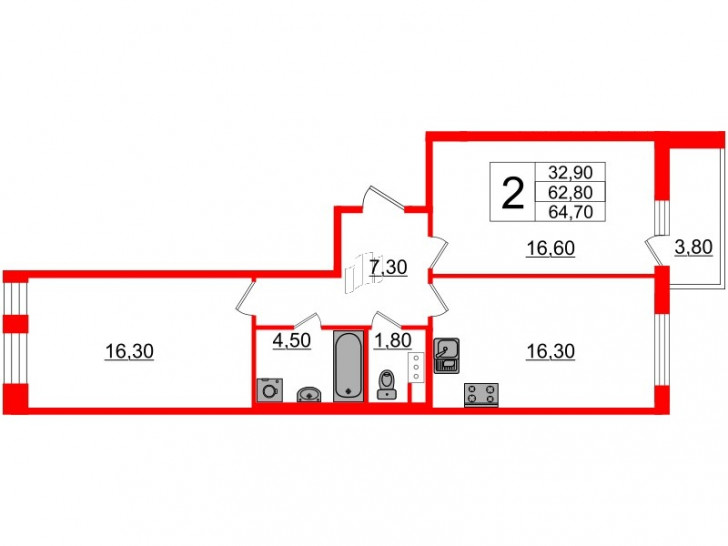 Двухкомнатная квартира 64.2 м²