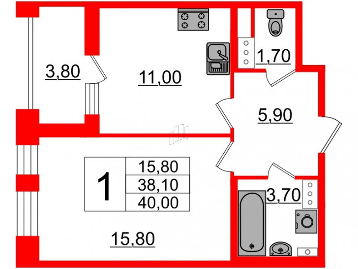 Однокомнатная квартира 40.1 м²
